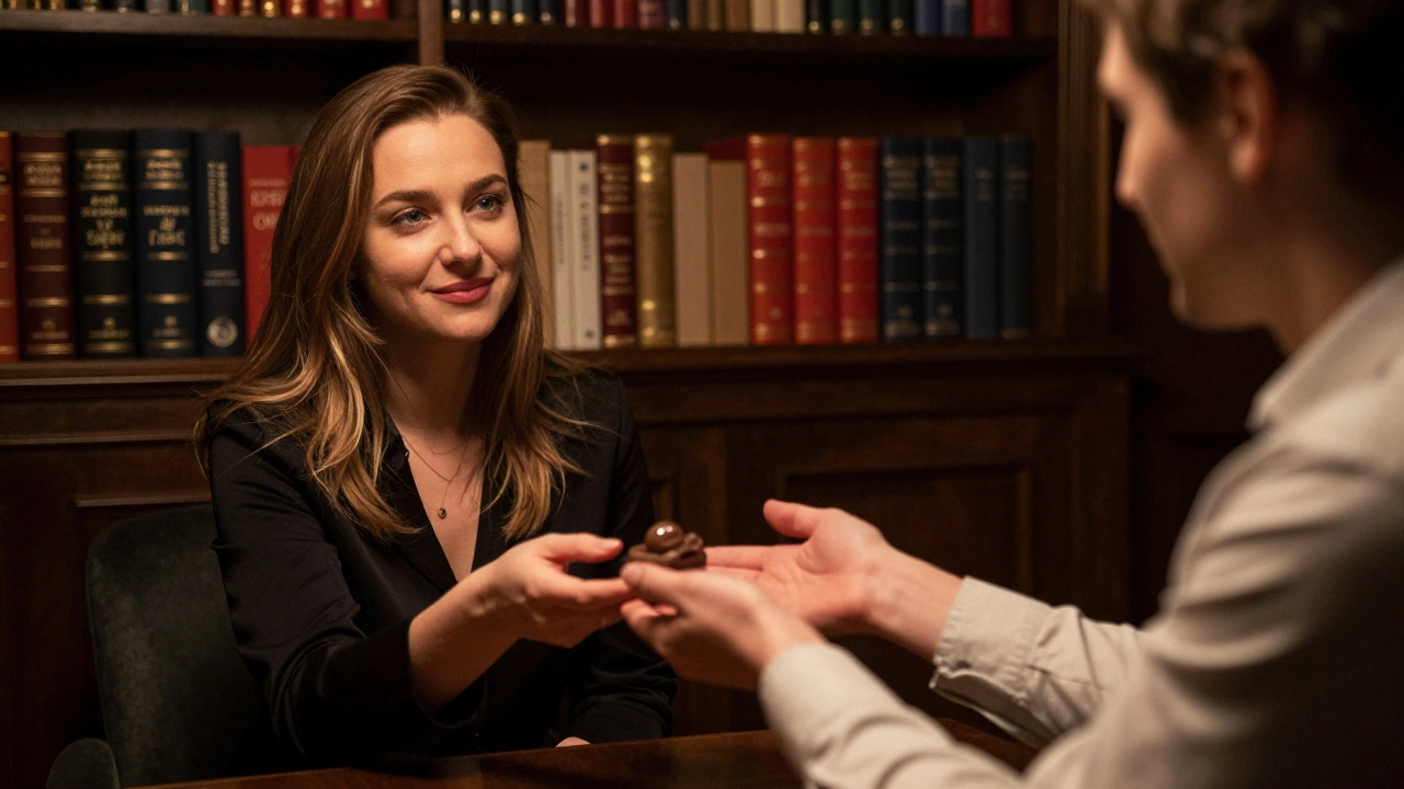 A companion gently offers a chocolate to a client in a softly lit lounge.