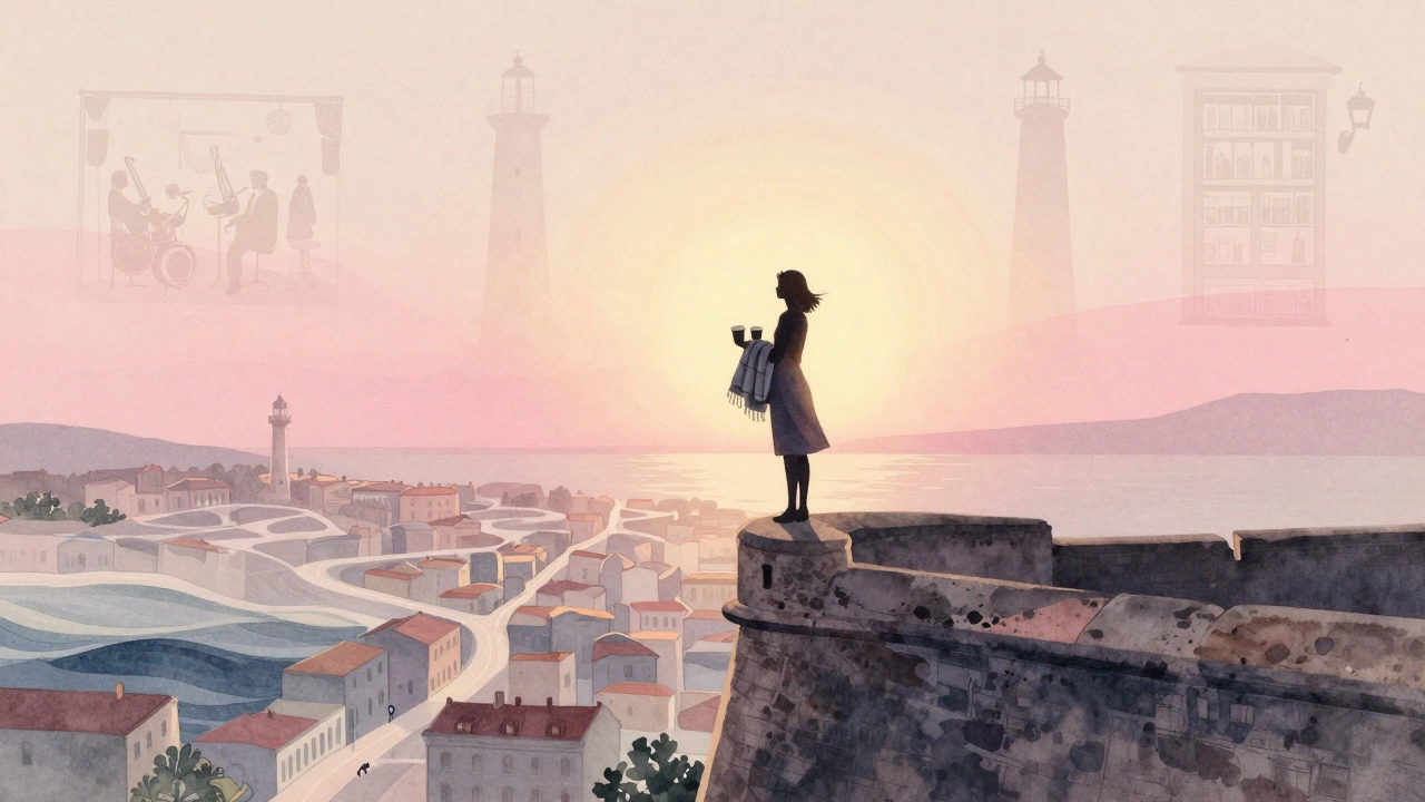 A solitary figure stands at sunrise on a coastal fort, surrounded by subtle memories of shared moments.