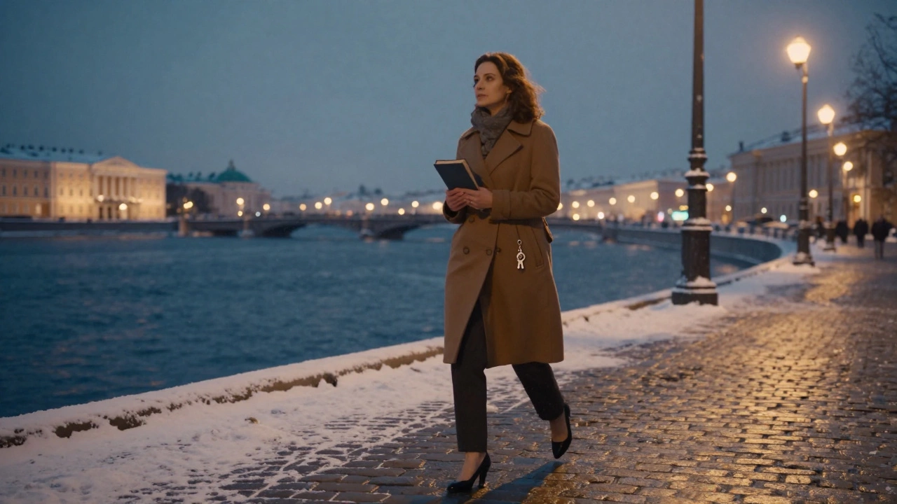 A woman walks alone along a snowy St. Petersburg river at dusk, book in hand.