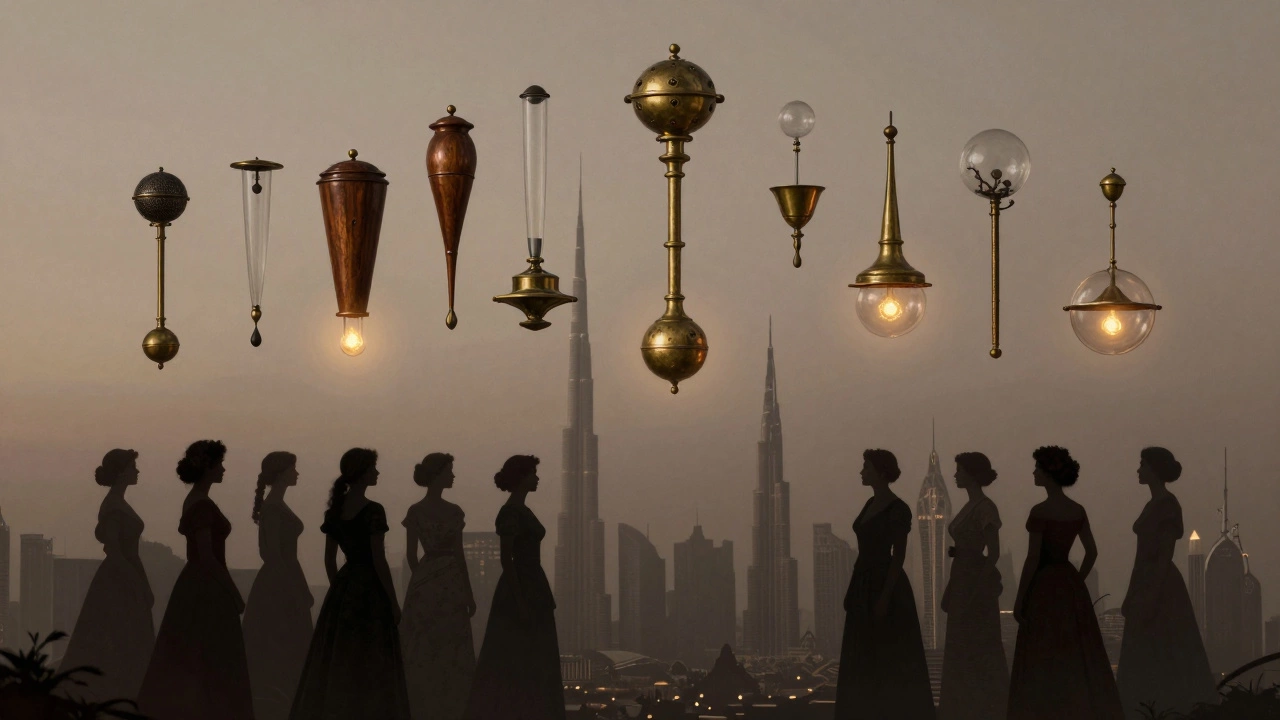 Floating vintage vibrators glowing above Dubai’s skyline, symbolizing hidden histories of female pleasure and medical control.