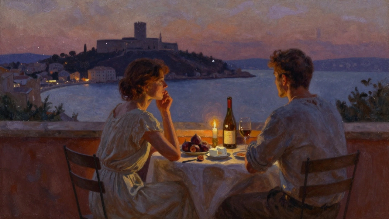 Two people enjoy wine and fresh cheese on a private terrace overlooking Toulon Bay at twilight.
